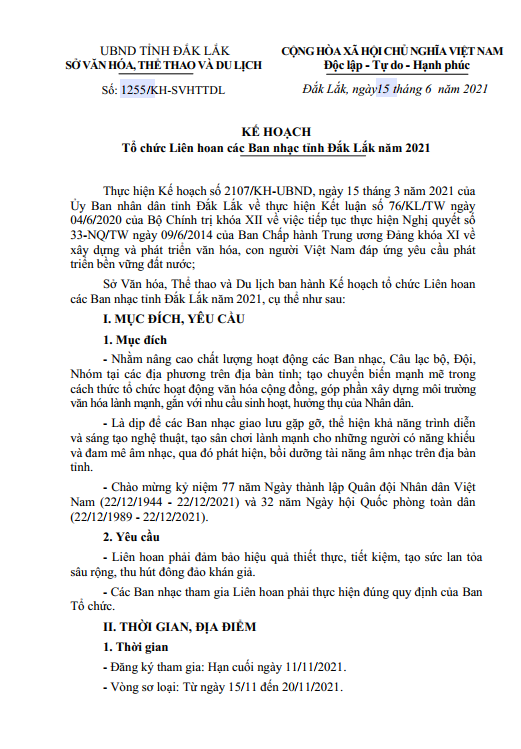 Kế hoạch Tổ chức Liên hoan các Ban nhạc Tỉnh Đắk Lắk năm 2021