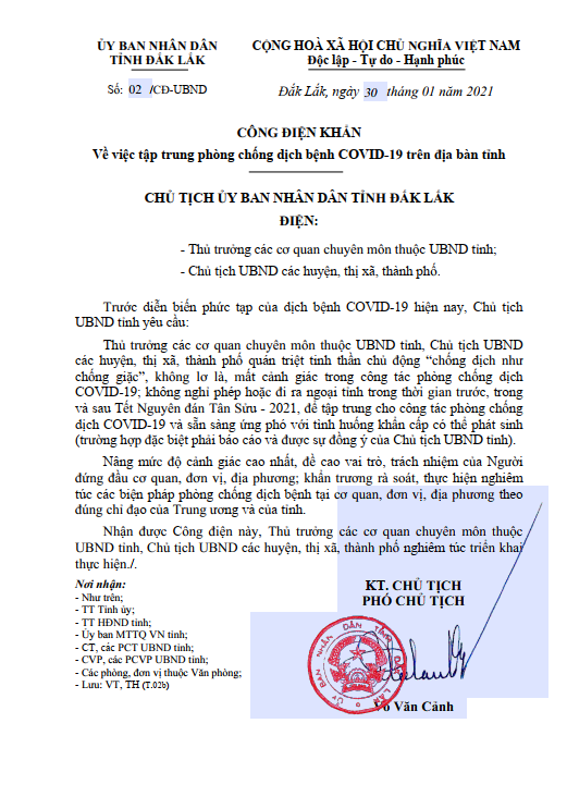 Công điện khẩn về việc tập trung phòng chống dịch COVI-19 trên địa bàn tỉnh