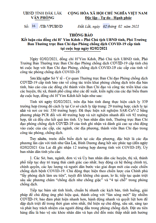 Thông báo kết luận của đồng chí H'Yim Kđor - Phó Chủ tịch UBND tỉnh, Phó Trưởng Ban Thường trực Ban Chỉ đạo phòng chống dịch COVI-19 cấp tỉnh tại cuộc họp ngày 02/02/2021