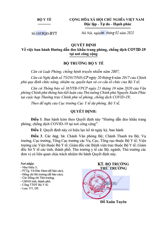 Quyết định về việc ban hành Hướng dẫn đeo khẩu trang phòng, chống COVID-19 tại nơi công cộng