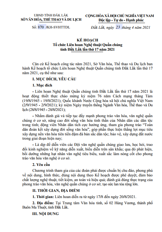 Kế hoạch tổ chức Liên hoan Nghệ thuật Quần chúng tỉnh Đắk Lắk lần thứ 17 năm 2021