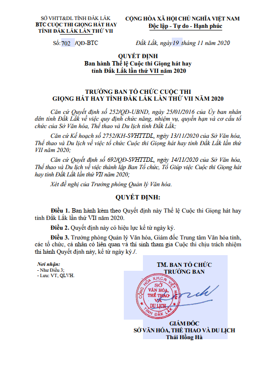 Quyết định ban hành Thể lệ Cuộc thi Giọng hát hay tỉnh Đắk Lắk lần thứ VII năm 2020