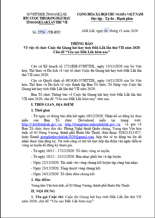 Thông báo về việc tổ chức Cuộc thi Giọng hát hay tỉnh Đắk Lắk lần thứ VII năm 2020 Chủ đề “Yêu sao Đắk Lắk hôm nay”